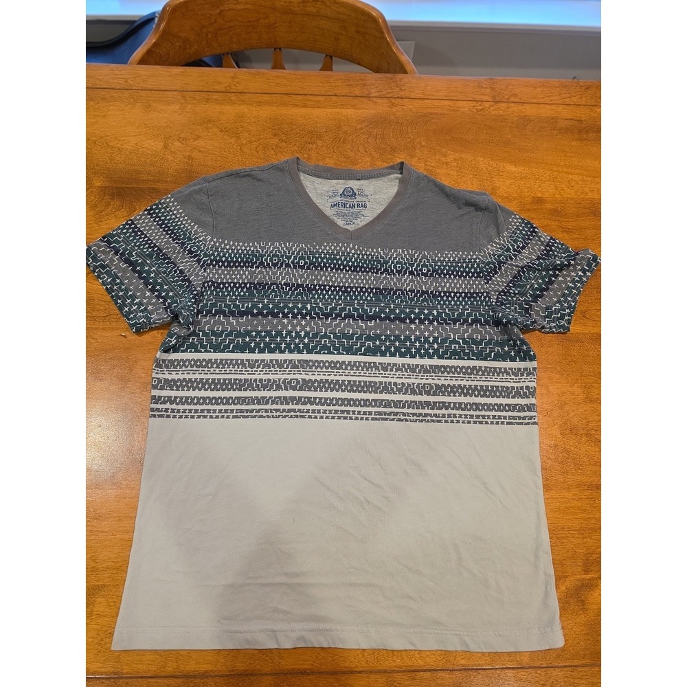 American Rag Cie Gray Blue Geometric V-Neck Men's Short Sleeve T-Shirt Size M
